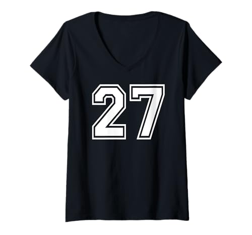 Damen Mannschaftssportgrafik mit Nummer 27, Nummer 27, passend zum Gymnastik-Design T-Shirt mit V-Ausschnitt von Matching Sports Numbers Birthday Gifts