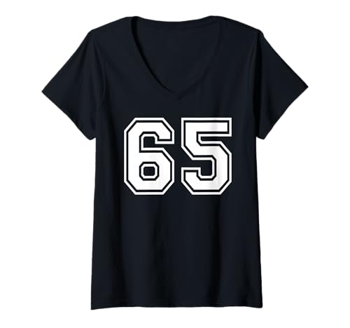 Damen Mannschaftssportgrafik mit der Nummer 65, Nummer fünfundsechzig, passend zum Gymnastik-Design T-Shirt mit V-Ausschnitt von Matching Sports Numbers Birthday Gifts