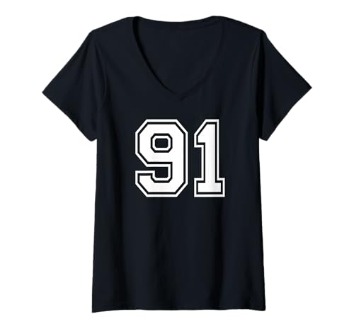 Damen Sportgrafik „91 Number Ninety-One“, passend zu Varsity T-Shirt mit V-Ausschnitt von Matching Sports Numbers Birthday Gifts