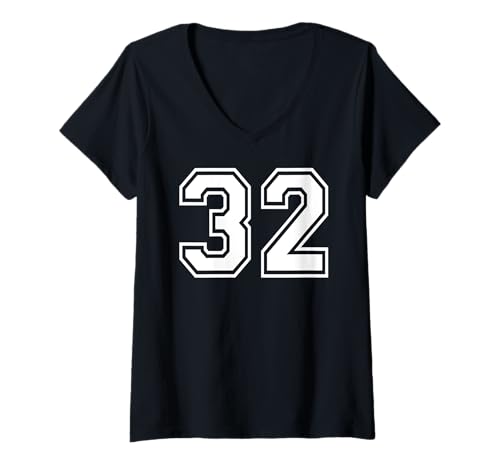 Damen Sportgrafik Nummer 32, Nummer zweiunddreißig, passend zu Varsity T-Shirt mit V-Ausschnitt von Matching Sports Numbers Birthday Gifts