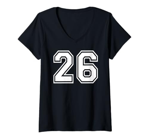 Damen Sportgrafik mit Nummer 26, Nummer sechsundzwanzig, passend zum Gymnastik-Design T-Shirt mit V-Ausschnitt von Matching Sports Numbers Birthday Gifts
