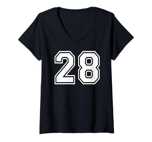 Damen Sportgrafik mit der Nummer 28, Nummer achtundzwanzig, passend zum Gymnastik-Design T-Shirt mit V-Ausschnitt von Matching Sports Numbers Birthday Gifts