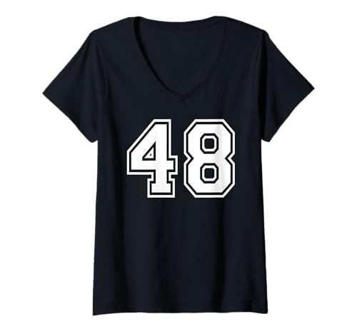 Damen Sportgrafik mit der Nummer 48, Nummer achtundvierzig, passende Mannschaftssportgrafik T-Shirt mit V-Ausschnitt von Matching Sports Numbers Birthday Gifts