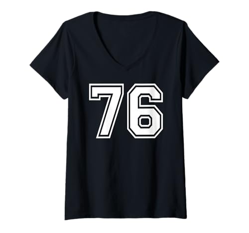 Damen Sportgrafik mit der Nummer 76, Nummer sechsundsiebzig, passend zum Gymnastik-Design T-Shirt mit V-Ausschnitt von Matching Sports Numbers Birthday Gifts