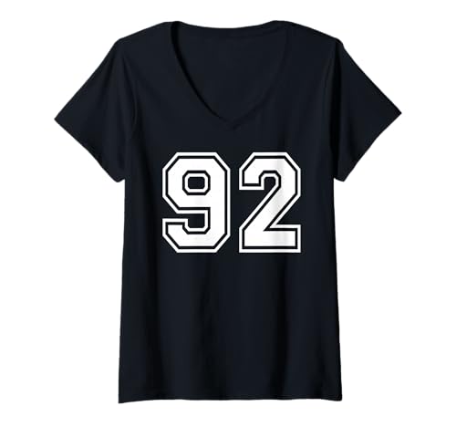 Damen Sportgrafik mit der Nummer 92, Nummer zweiundneunzig, passend zu Varsity T-Shirt mit V-Ausschnitt von Matching Sports Numbers Birthday Gifts