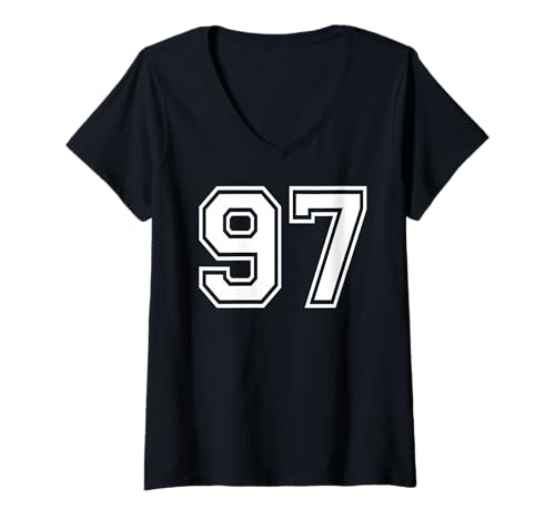 Damen Sportgrafik mit der Nummer 97, Nummer 97, passende Mannschaftssportgrafik T-Shirt mit V-Ausschnitt von Matching Sports Numbers Birthday Gifts