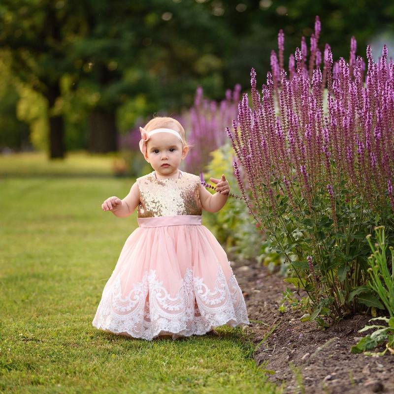 Baby Mädchen Kleid, Pailletten Prinzessinnen Spitze Tutu Blumenmädchen Rosa Erste Kommunion Herbstmode von MatchingLook