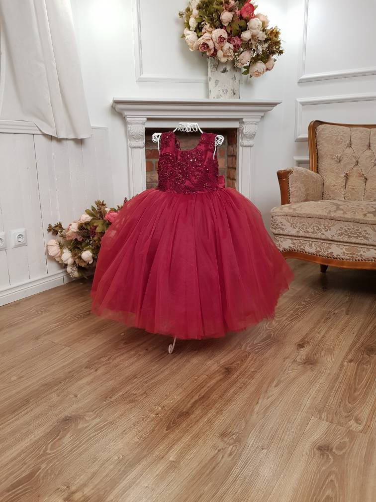Burgundy Lace Tutu Dress Ärmelloses Perlen Blumenmädchen Kleid von MatchingLook