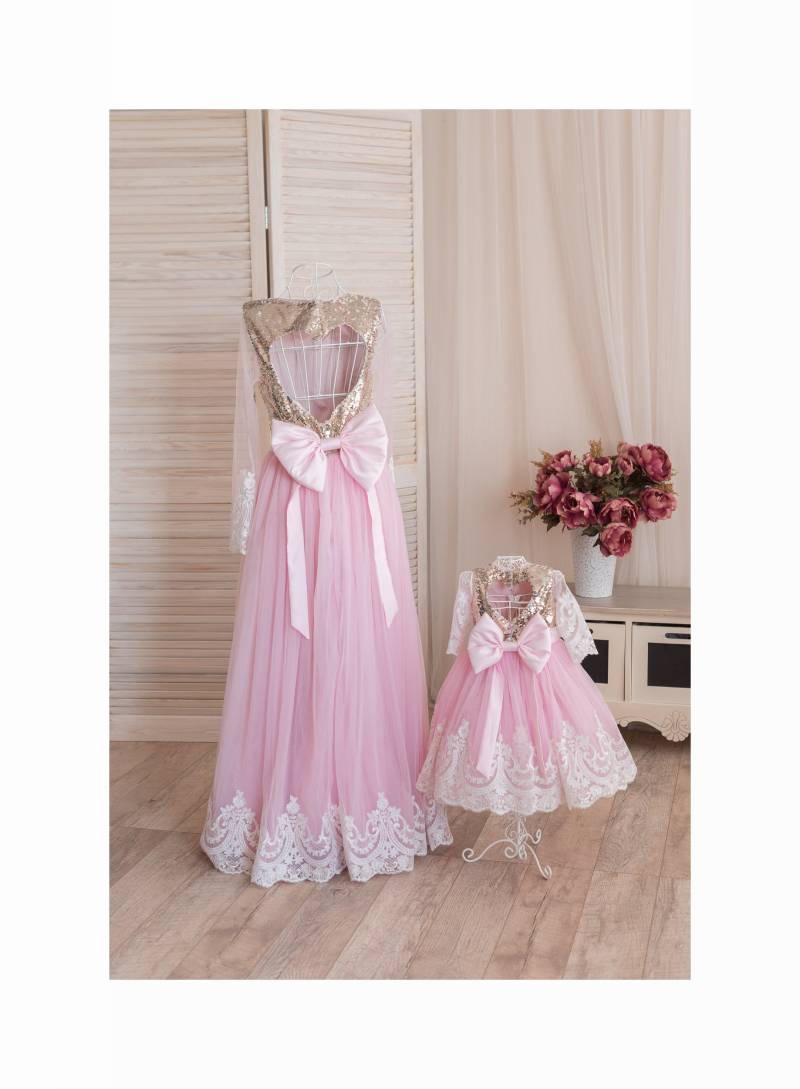 Mama Und Mich Outfit, Mutter Tochter Passende Kleid, Hochzeitskleid, Tüll Rosa Kleid von MatchingLook