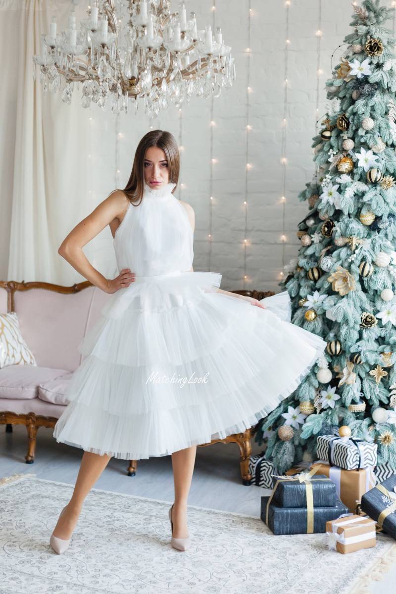 Weiß Urlaub Tüll Kleid Frauen, Cocktail-Party Kleid, Formelle Halter Weihnachtskleid, Abendkleid, Weihnachten Fotografie Midi Offener Rücken von MatchingLook