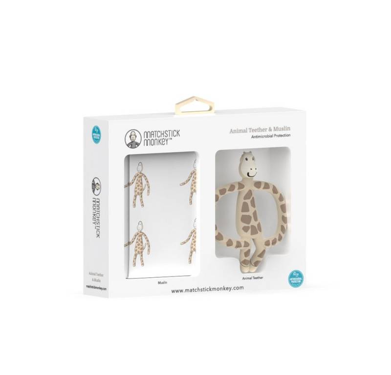 Matchstick Monkey Beißring Matchstick Monkey Geschenkset Tier-Beißring & Musselin-Tuch, Baumwoll Spucktuch mit Beißring von Matchstick Monkey