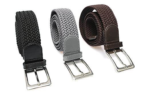Matec 3 Stück Stretchgürtel mit 115 cm Gesamtlänge und 3,5 cm breit elastische geflochtene dehnbare 1 x Schwarz1 x Grau und 1 x Braun. von Matec