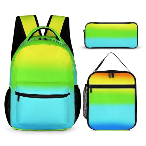 Mateju Buntes Muster Schulrucksack,Rucksack Damen Herren, Schulrucksack Teenager, Rucksack Kinder,Leichtgewicht Schulrucksack-Set 3 Stück mit Lunchtasche Federmäppchen (Grün) von Mateju