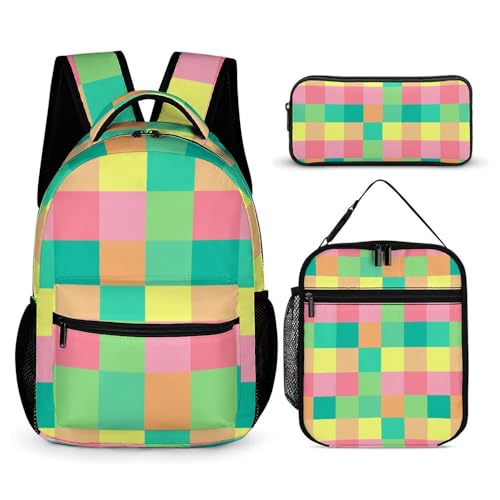 Mateju Buntes Muster Schulrucksack,Rucksack Damen Herren, Schulrucksack Teenager, Rucksack Kinder,Leichtgewicht Schulrucksack-Set 3 Stück mit Lunchtasche Federmäppchen (Multi -Colored) von Mateju