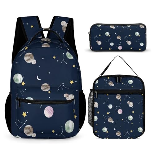 Mateju Cartoon-Muster Schulrucksack,Rucksack Damen Herren, Schulrucksack Teenager, Rucksack Kinder,Leichtgewicht Schulrucksack-Set 3 Stück mit Lunchtasche Federmäppchen (Blau) von Mateju