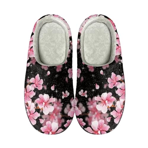 Mateju Damen Herren Hausschuhe Winter Kuschelige Warm Unisex Pantoffeln, Kirschblüten Drucken Weicher Plüschfutter Drinnen Draußen Zuhause Slipper mit Rutschfester Gummisohle von Mateju