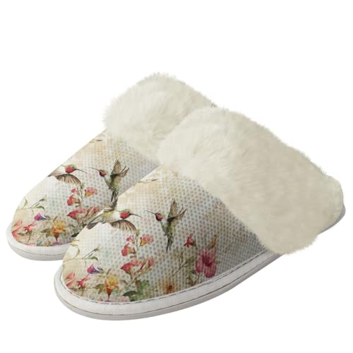Mateju Hausschuhe Flauschige Damen Herren, Kolibri Muster Pantoffeln Unisex Warm Winter Weich Plüsch Schuhe Rutschfest Leicht Slipper Schlafzimmer Hausschuhe von Mateju