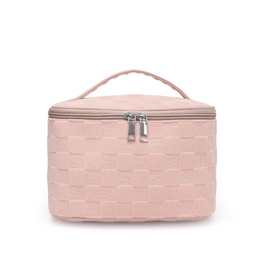 Mateju Jacquard-Plaid Kosmetiktasche, Polyester Kulturtasche Damen,Tragbare Kulturbeutel, Make up Tasche, Kosmetiktasche Klein mit Reißverschluss, für Mädchen Damen Herren (Rosa,23 * 15 * 15CM) von Mateju