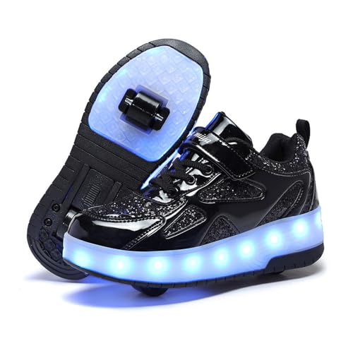 Mateju Kinder Schuhe mit Rollen für Jungen Mädchen 2-in-1 Rollschuhe Versenkbarer Doppelt Rollen Funkelnde Pailletten Outdoor Sportschuhe Roller Schuhe Turnschuhe Skateboardschuhe von Mateju