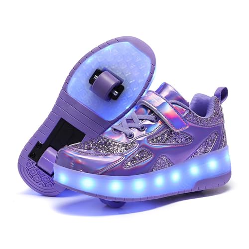 Mateju Kinder Schuhe mit Rollen für Jungen Mädchen 2-in-1 Rollschuhe Versenkbarer Doppelt Rollen Funkelnde Pailletten Outdoor Sportschuhe Roller Schuhe Turnschuhe Skateboardschuhe von Mateju