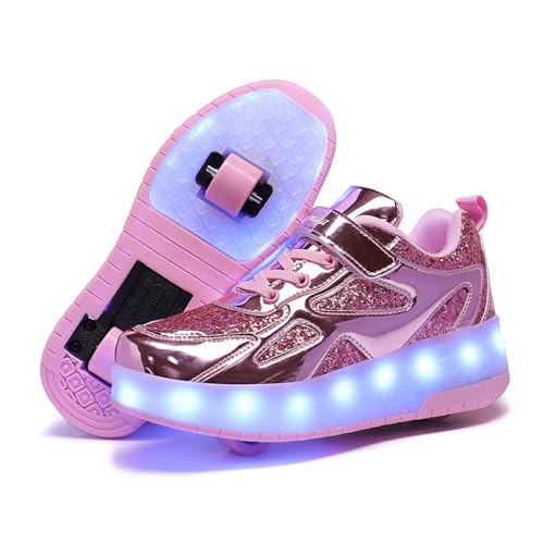 Mateju Kinder Schuhe mit Rollen für Jungen Mädchen 2-in-1 Rollschuhe Versenkbarer Doppelt Rollen Funkelnde Pailletten Outdoor Sportschuhe Roller Schuhe Turnschuhe Skateboardschuhe von Mateju
