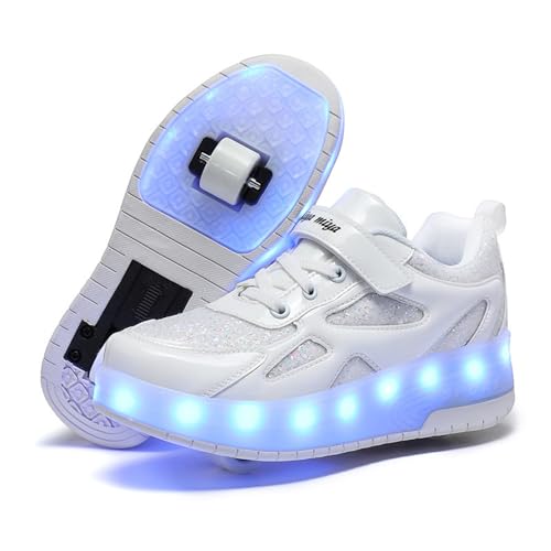 Mateju Kinder Schuhe mit Rollen für Jungen Mädchen 2-in-1 Rollschuhe Versenkbarer Doppelt Rollen Funkelnde Pailletten Outdoor Sportschuhe Roller Schuhe Turnschuhe Skateboardschuhe von Mateju