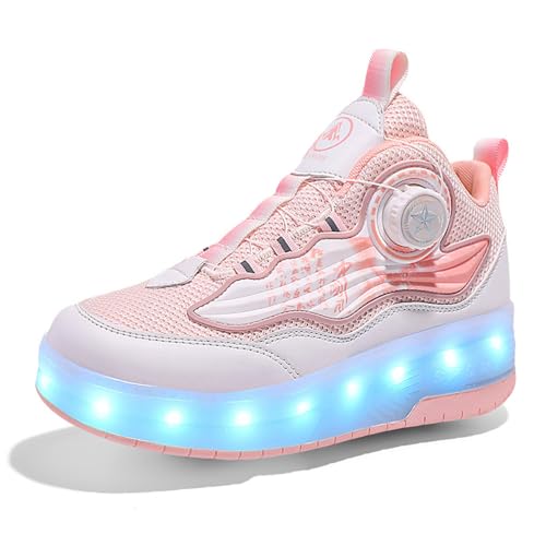 Mateju Kinder Schuhe mit Rollen für Jungen Mädchen LED Blinkend Rollschuhe mit 4 Rollen 2 in 1 Abnehmbar Roller Schuhe Damen Herren Turnschuhe Skateboardschuhe 29-42 EU (Rosa,34) von Mateju