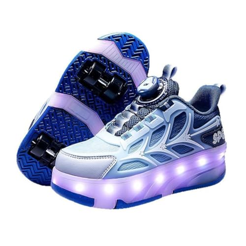 Mateju Kinder Schuhe mit Rollen für Mädchen Jungen LED Blinkend Rollschuhe Schuhe mit 4 Rollen 2 in 1 Abnehmbar Roller Turnschuhe Skateboardschuhe Damen (Blue,32) von Mateju