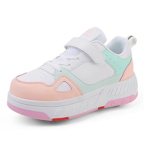 Mateju Kinder Schuhe mit Rollen für Mädchen Jungen Rollschuhe mit 4 Rollen 2 in 1 Abnehmbar Blumen Turnschuhe Skateboardschuhe (Rosa,39) von Mateju