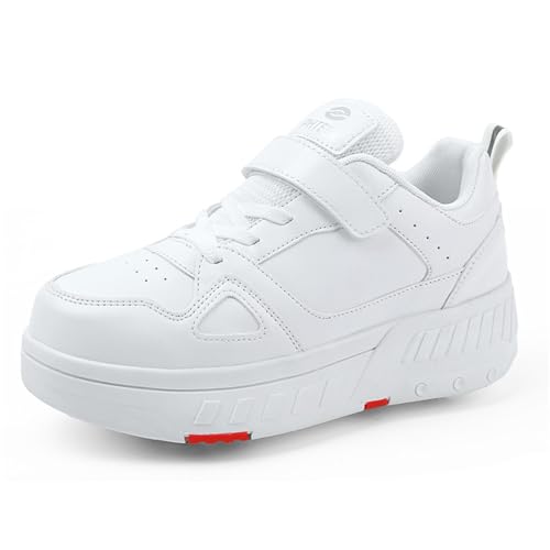 Mateju Kinder Schuhe mit Rollen für Mädchen Jungen Rollschuhe mit 4 Rollen 2 in 1 Abnehmbar Blumen Turnschuhe Skateboardschuhe (Weiß,37) von Mateju