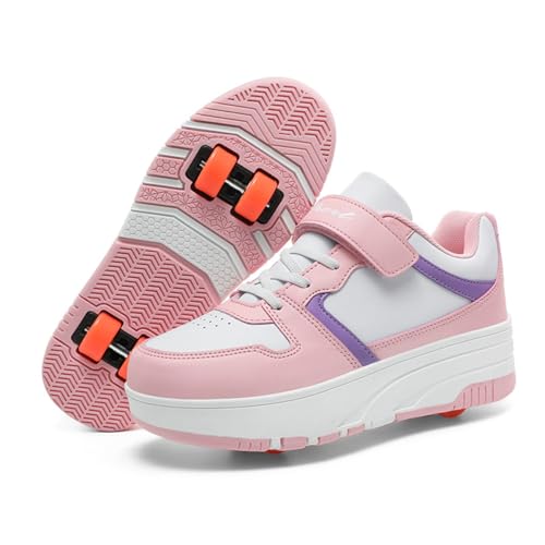 Mateju Kinder Schuhe mit Rollen für Mädchen Rollschuhe Schuhe mit 4 Rollen 2 in 1 Abnehmbar Roller Jungen Turnschuhe Skateboardschuhe Damen (Rosa,32) von Mateju