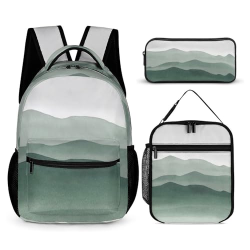 Mateju Landschaftsmuster Schulrucksack,Rucksack Damen Herren, Schulrucksack Teenager, Rucksack Kinder,Leichtgewicht Schulrucksack-Set 3 Stück mit Lunchtasche Federmäppchen (Hellgrün) von Mateju