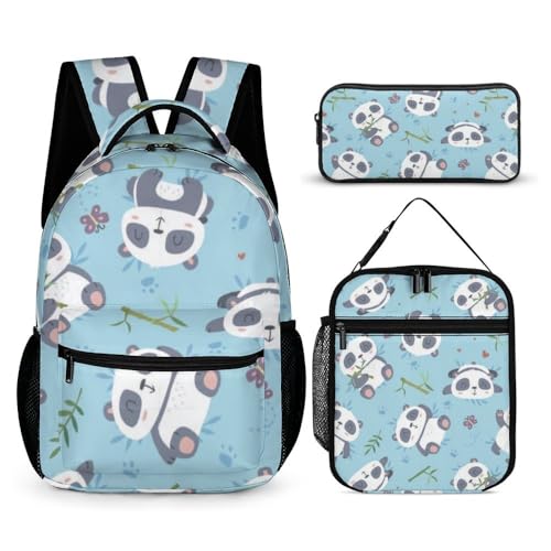 Mateju Panda-Muster Schulrucksack, Rucksack Damen Herren, Schulrucksack Teenager, Rucksack Kinder, Leichtgewicht Schulrucksack-Set 3 Stück mit Lunchtasche Federmäppchen (blau) von Mateju
