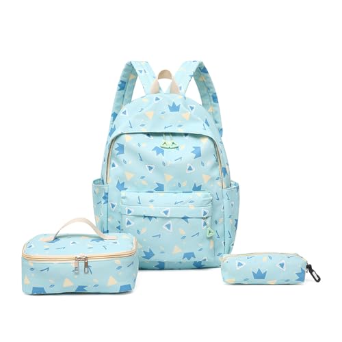 Mateju Schlichte Mode Schulrucksack,Rucksack Damen Herren, Schulrucksack Teenager, Rucksack Kinder,Leichtgewicht Schulrucksack-Set 3 Stück mit Lunchtasche Federmäppchen (Blau) von Mateju