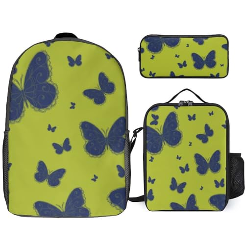 Mateju Schmetterling Schulrucksack, Rucksack Damen Herren, Schulrucksack Teenager, Rucksack Kinder, Leichtgewicht Schulrucksack-Set 3 Stück mit Lunchtasche Federmäppchen (grün) von Mateju