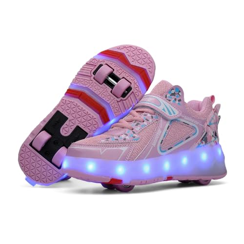 Mateju Schuhe mit Rollen für Jungen Mädchen, Kinder Rollschuhe Schuhe mit 4 Rollen, Turnschuhe Versenkbarer, Damen Herren Roller Schuhe Turnschuhe Skateboardschuhe 29 EU Rosa von Mateju