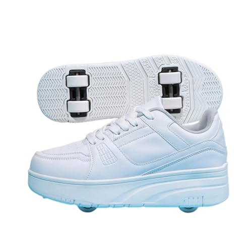 Mateju 2-in-1 Rollschuhe für Jungen und Mädchen - Kinder Turnschuhe Mit 4 Versenkbaren Rollen, Skateboardschuhe, 30 EU Weiß von Mateju