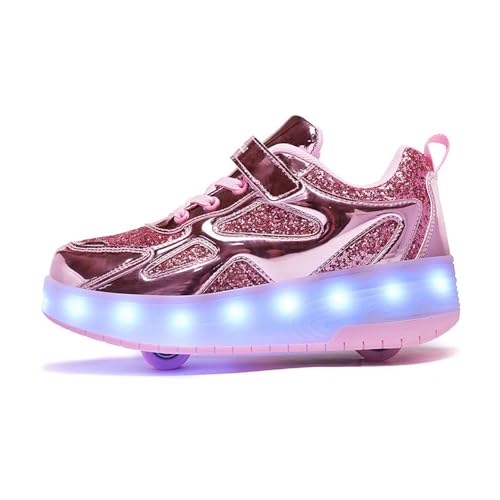 Mateju Schuhe mit Rollen für Jungen Mädchen Kinder Rollschuhe Schuhe mit 2 Rollen, 2 in 1 Turnschuhe Versenkbarer, Damen Herren Roller Schuhe Turnschuhe Skateboardschuhe 30 EU Pink von Mateju