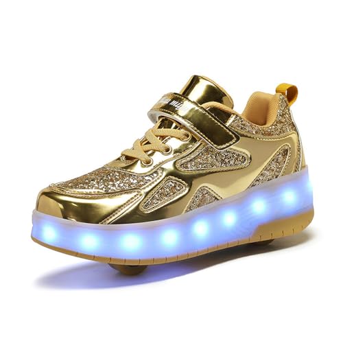 Mateju Schuhe mit Rollen für Jungen Mädchen Kinder Rollschuhe Schuhe mit 2 Rollen, 2 in 1 Turnschuhe Versenkbarer, Damen Herren Roller Schuhe Turnschuhe Skateboardschuhe 31 EU Gold von Mateju