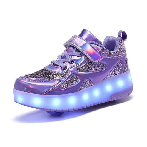 Mateju Schuhe mit Rollen für Jungen Mädchen Kinder Rollschuhe Schuhe mit 2 Rollen, 2 in 1 Turnschuhe Versenkbarer, Damen Herren Roller Schuhe Turnschuhe Skateboardschuhe 38 EU Purple von Mateju