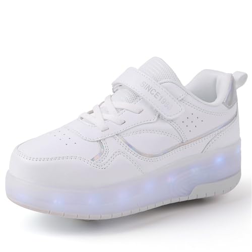 Mateju 2-in-1 Rollschuhe für Kinder, Mädchen, Jungen, Damen und Herren - Versenkbare Rollen, Turnschuhe, Skateboardschuhe - 32 EU White von Mateju