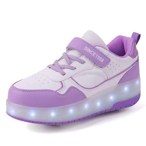 Mateju Schuhe mit Rollen für Kinder Mädchen Jungen Rollschuhe Schuhe mit 2 Rollen, 2 in 1 Turnschuhe Versenkbarer, Damen Herren Roller Schuhe Turnschuhe Skateboardschuhe 36 EU violett von Mateju