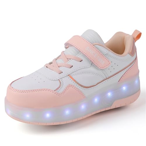 Mateju Schuhe mit Rollen für Kinder Mädchen Jungen Rollschuhe Schuhe mit 2 Rollen, 2 in 1 Turnschuhe Versenkbarer, Damen Herren Roller Schuhe Turnschuhe Skateboardschuhe 38 EU Pink von Mateju