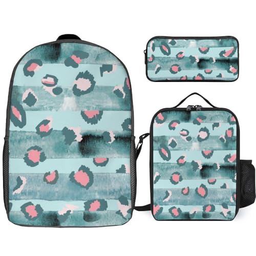 Mateju Schulrucksack, Bunte Streifen Rucksack Damen Herren, Schulrucksack Teenager, Rucksack Kinder, Leichtgewicht Schulrucksack-Set 3 Stück mit Lunchtasche Federmäppchen (Grün) von Mateju