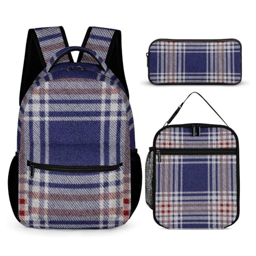 Mateju Schulrucksack, Karierter Druck Rucksack Damen Herren, Schulrucksack Teenager, Rucksack Kinder, Leichtgewicht Schulrucksack-Set 3 Stück mit Lunchtasche Federmäppchen (Blau) von Mateju