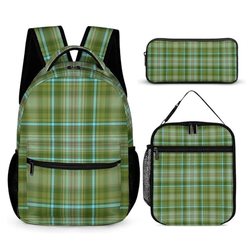 Mateju Schulrucksack, Karierter Druck Rucksack Damen Herren, Schulrucksack Teenager, Rucksack Kinder, Leichtgewicht Schulrucksack-Set 3 Stück mit Lunchtasche Federmäppchen (Grün) von Mateju
