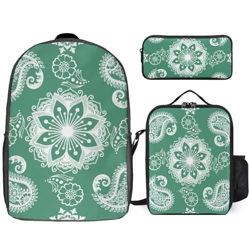 Mateju Schulrucksack, Paisley-Stil Rucksack Damen Herren, Schulrucksack Teenager, Rucksack Kinder, Leichtgewicht Schulrucksack-Set 3 Stück mit Lunchtasche Federmäppchen (Grün) von Mateju