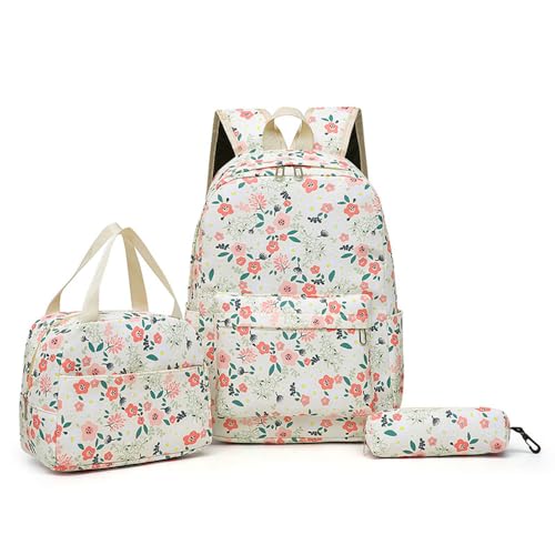 Mateju Schulrucksack, Rucksack Damen Herren, Schulrucksack Teenager, Leichtgewicht 3 Stück Rucksack Kinder, Blumendruck Schulrucksack-Set mit Lunchtasche Federmäppchen (Rosa Blume) von Mateju