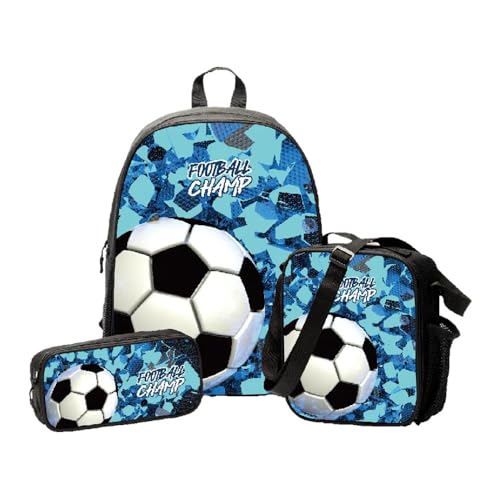 Mateju Schulrucksack, Rucksack Damen Herren, Schulrucksack Teenager, Leichtgewicht 3 Stück Rucksack Kinder, Fußball-Druck Schulrucksack-Set mit Lunchtasche Federmäppchen (Fußball 2) von Mateju