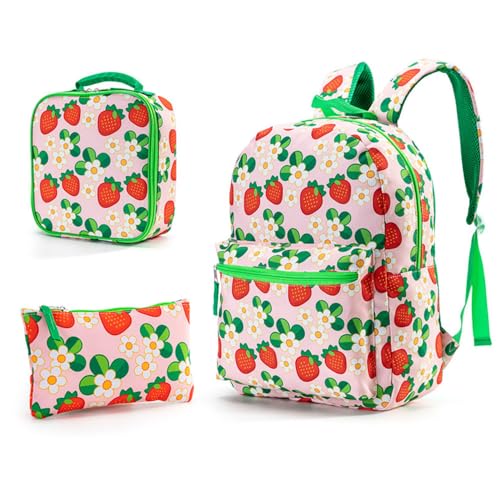 Mateju Schulrucksack, Rucksack Damen Herren, Schulrucksack Teenager, Leichtgewicht 3 Stück Rucksack Kinder, Karikatur Schulrucksack-Set mit Lunchtasche Federmäppchen (Blume) von Mateju